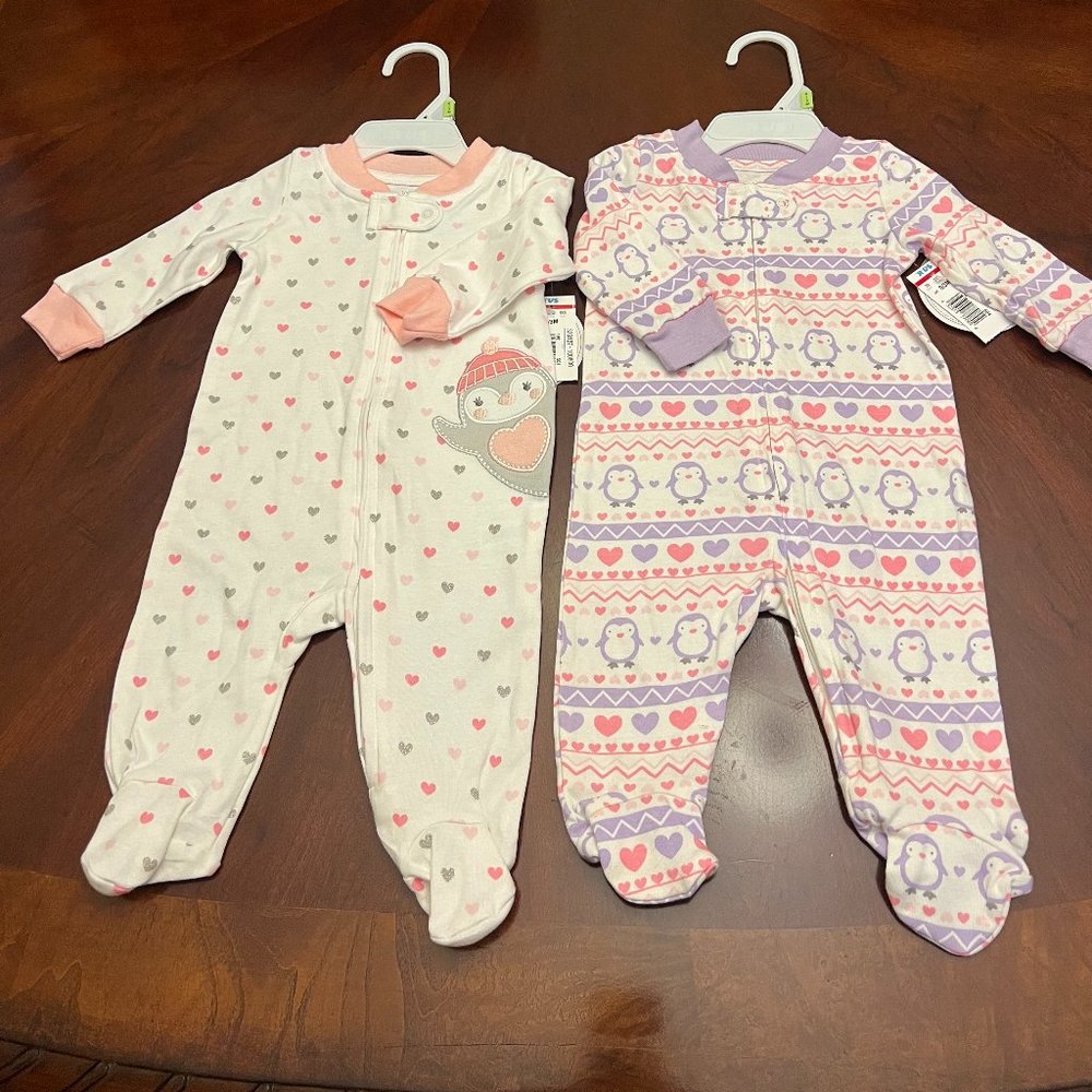 Koala Baby Girls Long Sleeve Zip Sleep N' Play Onesie Penguin and Heart Print